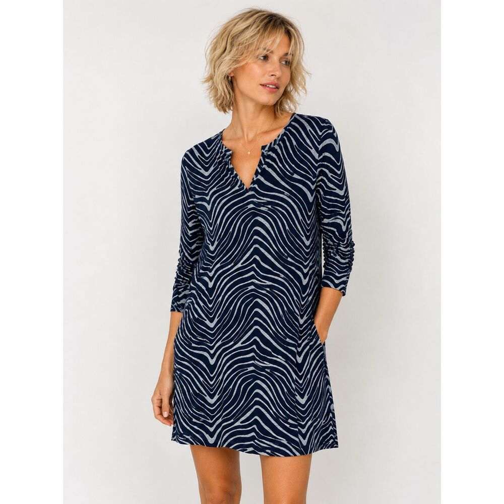 A.P.C. Navy Grey Zebra Print 100% Cotton Shift Dress Size Medium NWT